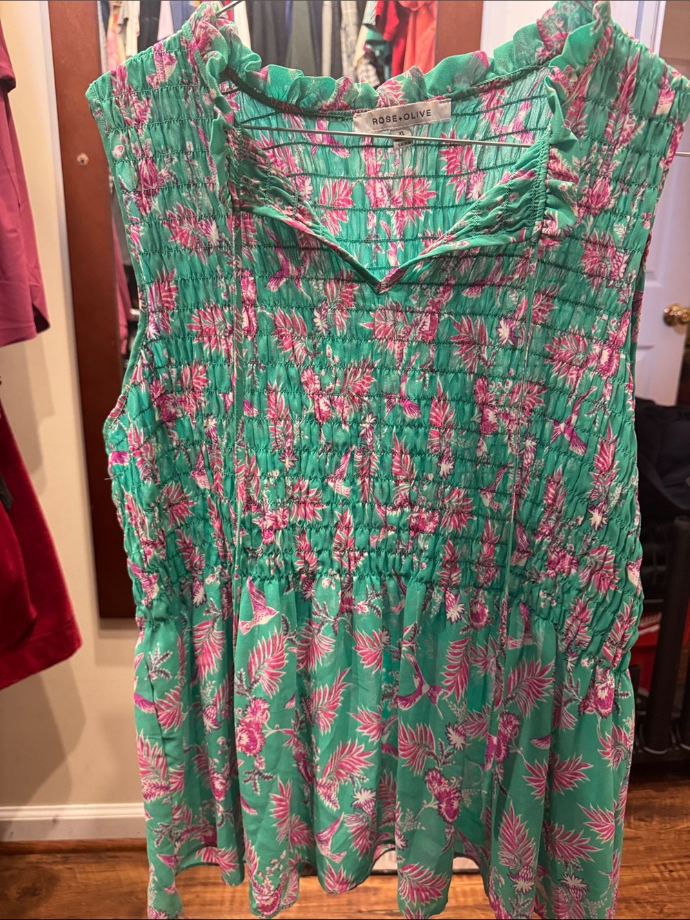 Rose & Olive Green and Pink Smocked Floral Tank